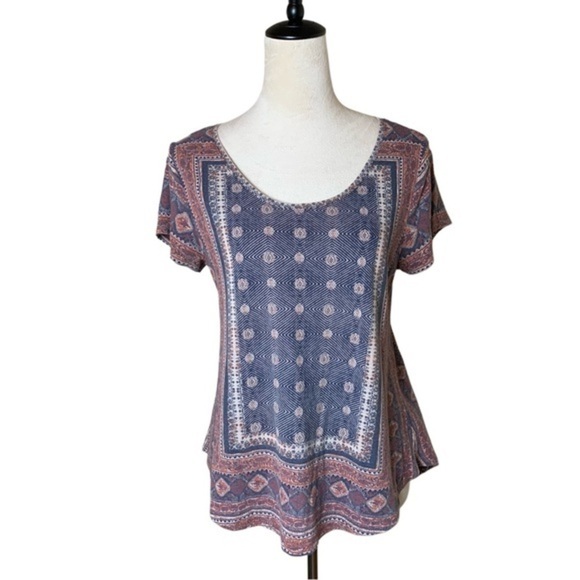 Lucky Brand Boho Print Scoop Neck Tee Shirt Top Size Large | Cotton Linen Blend - Picture 1 of 10
